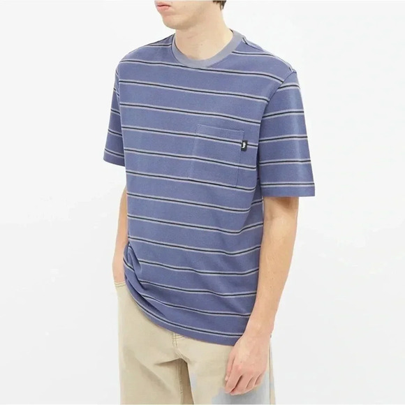 STUSSY PEAK STRIPE T-SHIRT NAVY SIZE 2XL MENS FRONT POCKET‎ RETRO LOOK - Picture 1 of 10